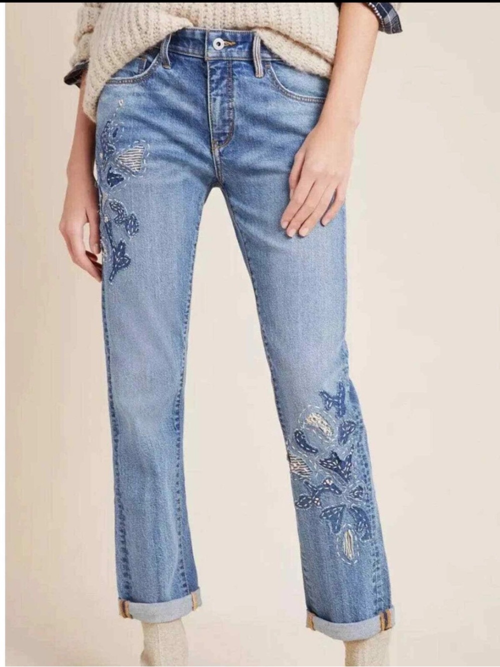 Anthropologie Light Blue Embroidered Boyfriend Jeans